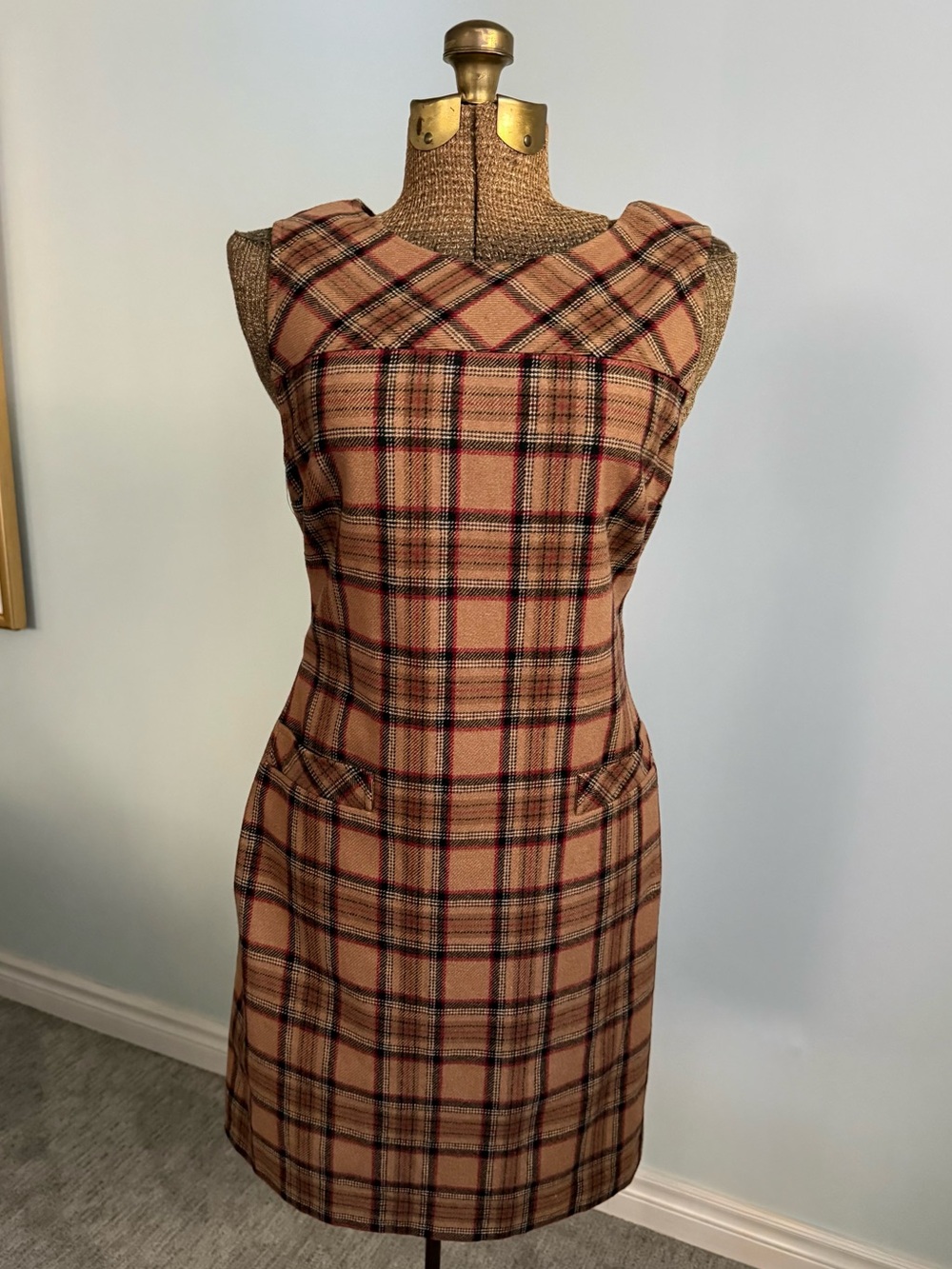 Vintage Talbots Plaid Wool Blend Sleeveless Shift Dress Size 12
